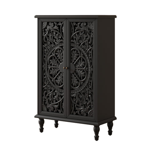 Farmhouse Accent Cabinet with Carved Hollow Doors and Turned Legs, Black, view 13