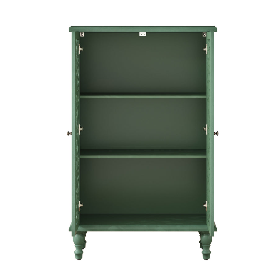 Farmhouse Accent Cabinet with Carved Hollow Doors and Turned Legs, Antique Green, view 15