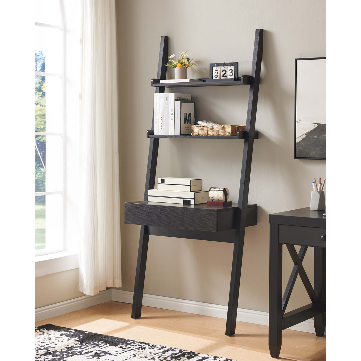 Modern Handleless Home Office Desk - Bookcase Ladder 1 Drawer 2 Shelves