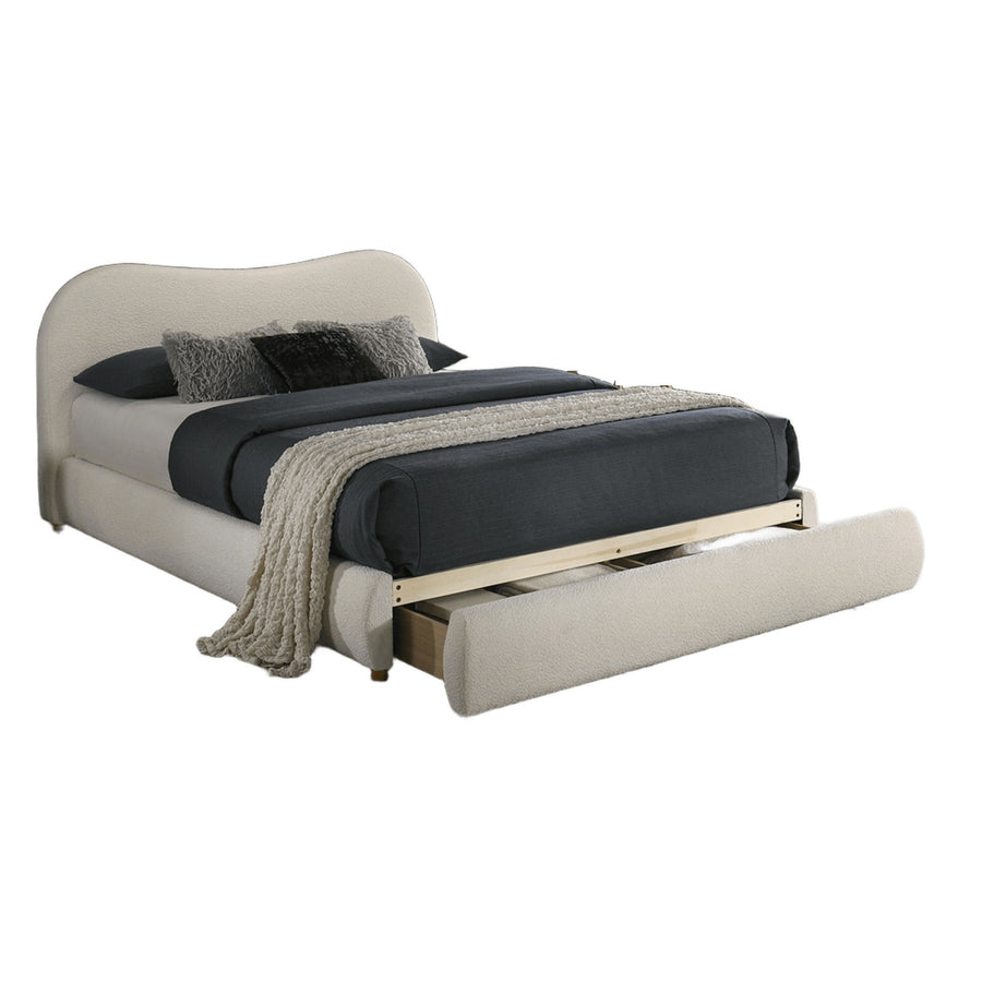 Boucle Upholstered Queen Bed with Curved Headboard and Footboard Storage Drawer, White, view 7