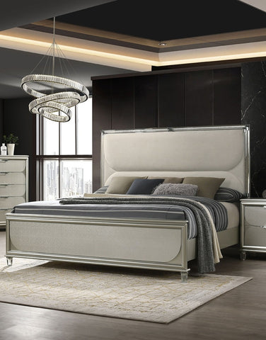 Glam Upholstered Queen Bed with LED Acrylic Headboard and Mirrored Embossed Panels, Silver, view 9