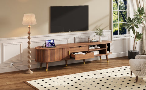 Fluted Oval TV Stand with Charging Station, Walnut, view 19