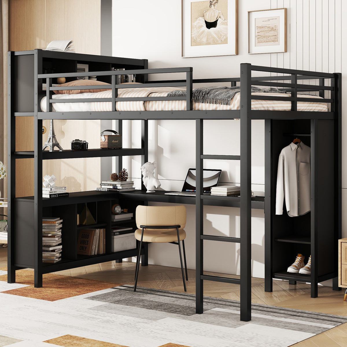 Full‑Size Metal Loft Bed with Wardrobe, L‑Desk & Storage — Heavy Duty Black