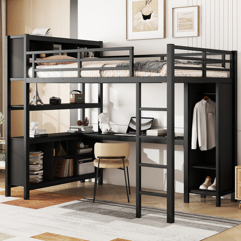 Full‑Size Metal Loft Bed with Wardrobe, L‑Desk & Storage — Heavy Duty Black