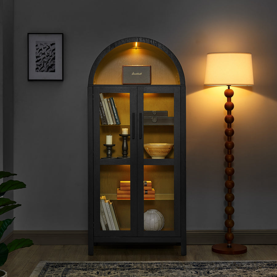 Arched Display Cabinet with Built-In Light and Adjustable Glass Shelves, Black