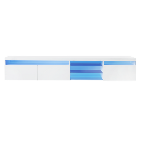 94.5" Extra-Long TV Stand with Glass Shelves and App-Controlled LED Lights, White, view 9