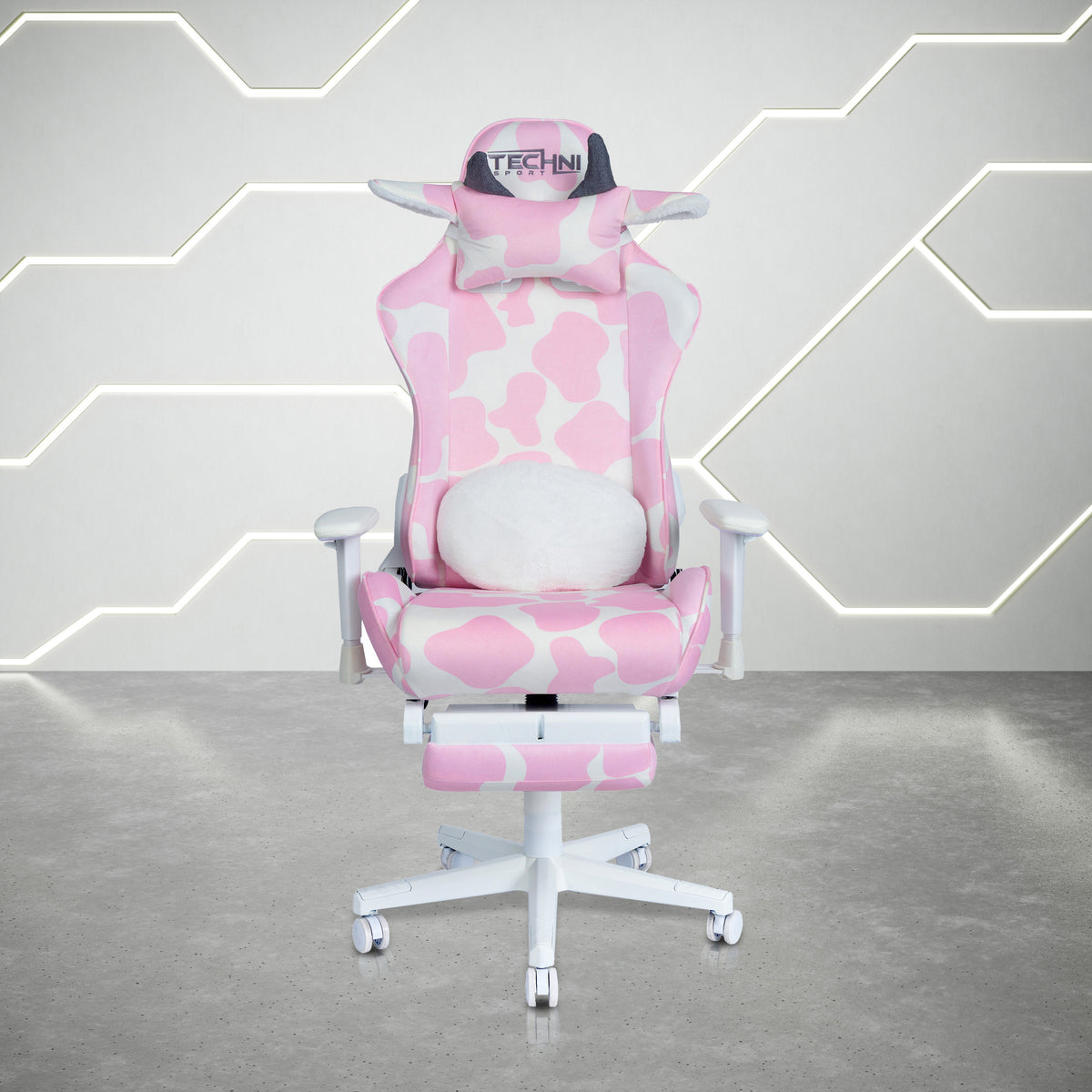 Cow Print Gaming Chair with Footrest, Memory Foam Seat and Cow Headrest Pillow, Pink