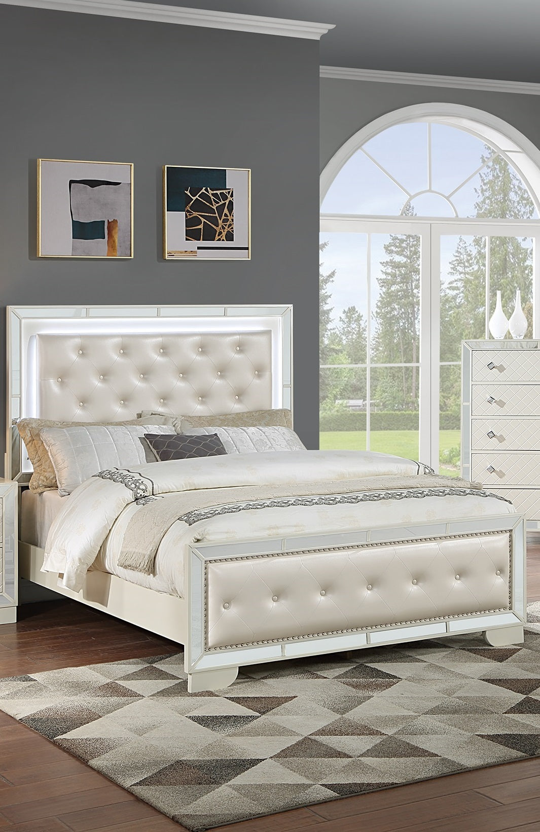 Tufted Faux Leather Queen Bed with LED Lights and Mirror Trim, Cream