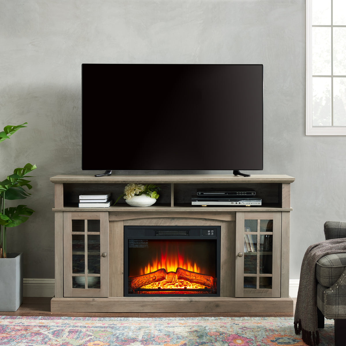 58' Classic Fireplace TV Stand – Modern Media Console with 23' Electric Fireplace, Open & Closed Storage, Gray Wash Finish