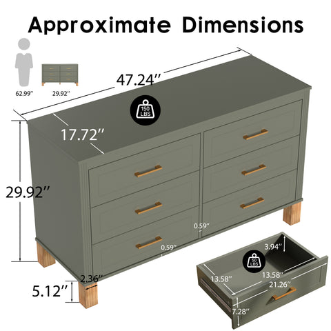 Mid-Century 6-Drawer Double Dresser with Metal Handles and Solid Wood Legs, Olive, view 4