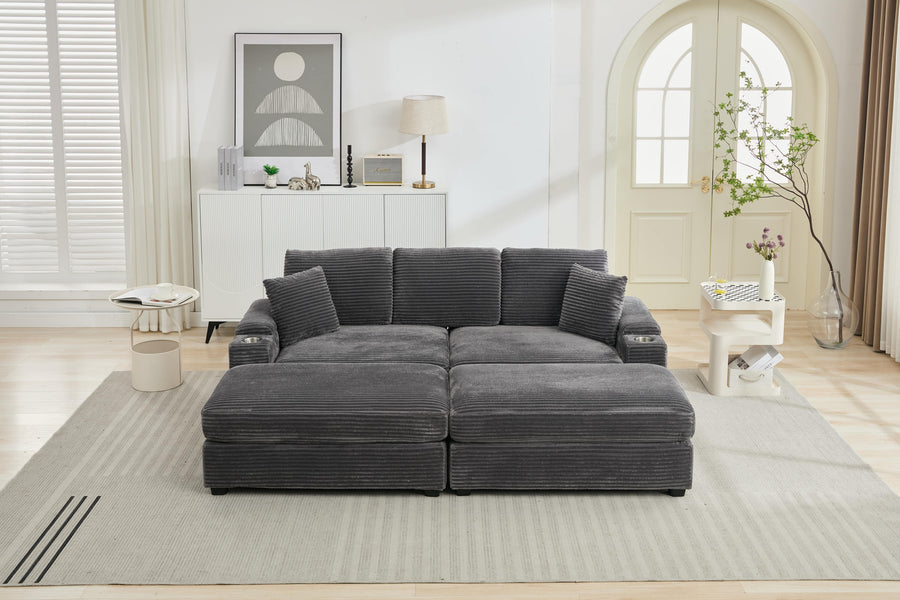 Modular Convertible Sectional Sofa Bed Set with Storage, USB & Cup Holders
