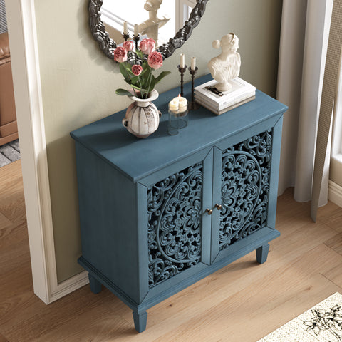 Vintage Accent Cabinet with Carved Floral Doors and Solid Wood Legs, Antique Blue, view 2