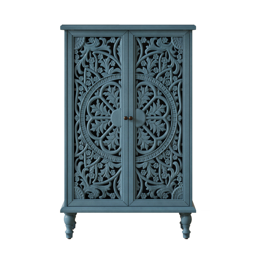 Farmhouse Accent Cabinet with Carved Hollow Doors and Turned Legs, Antique Blue, view 12