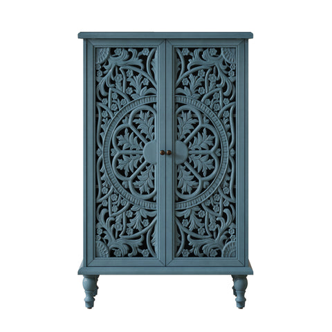 Farmhouse Accent Cabinet with Carved Hollow Doors and Turned Legs, Antique Blue, view 12