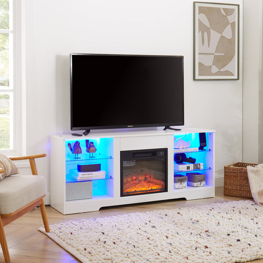 Electric Fireplace TV Stand with LED Lights and Glass Shelves, White, view 6