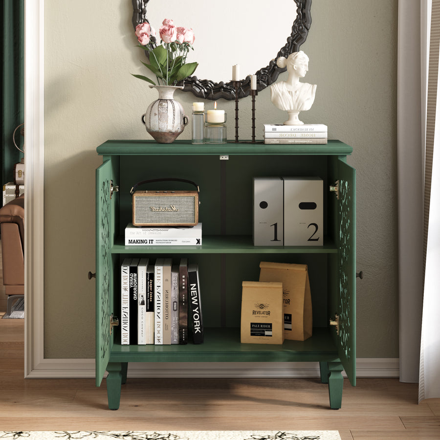 Vintage Accent Cabinet with Carved Floral Doors and Solid Wood Legs, Antique Green, view 6