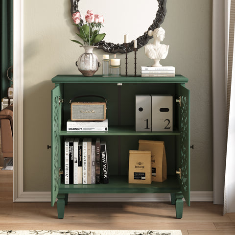 Vintage Accent Cabinet with Carved Floral Doors and Solid Wood Legs, Antique Green, view 6