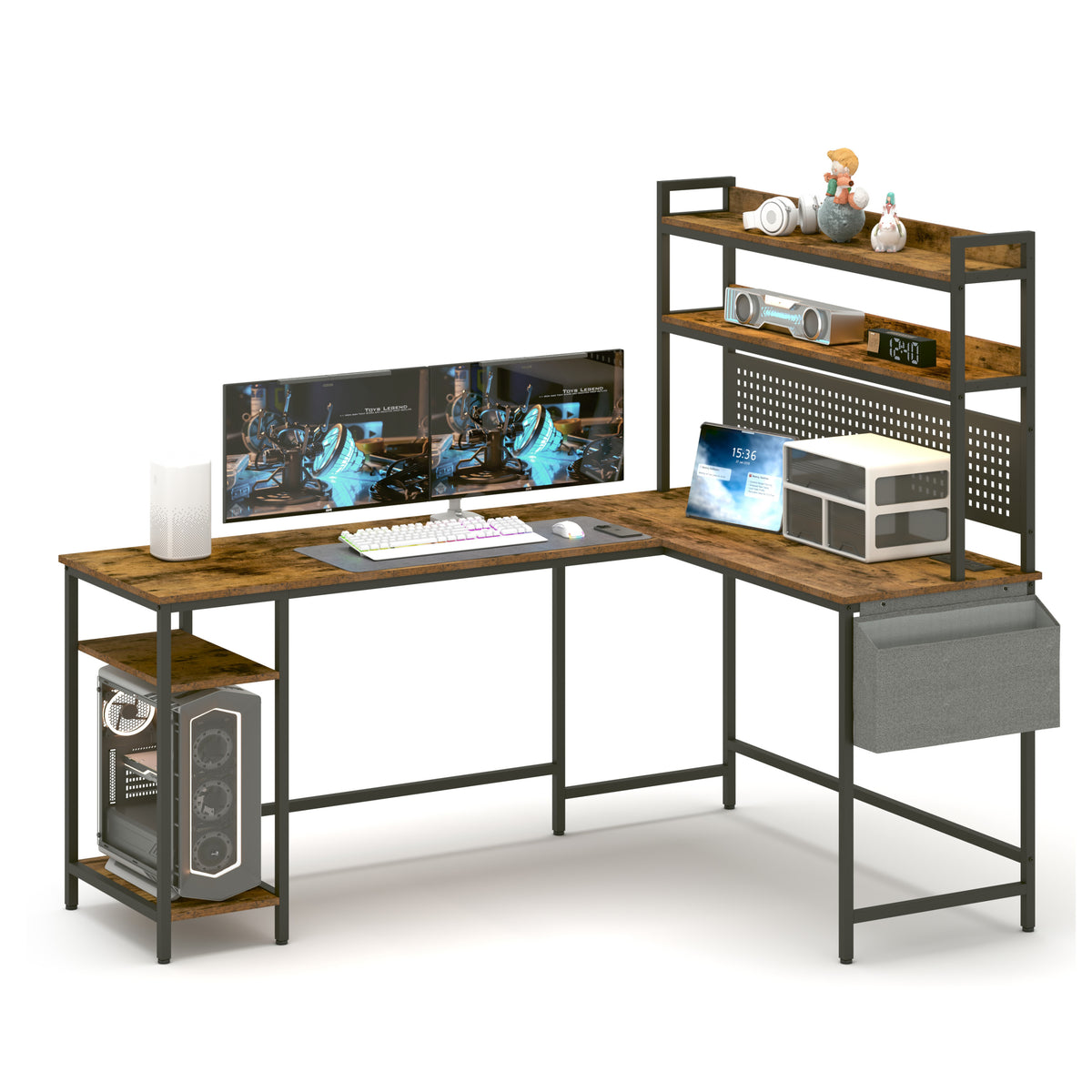 可翻转L型办公桌 - 带电源插座和LED灯，复古棕色