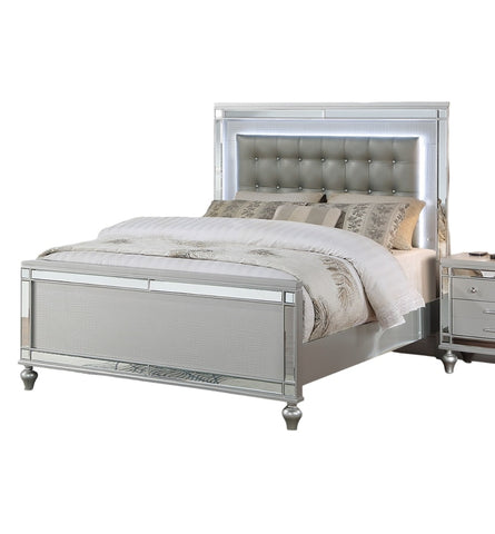 Tufted Faux Leather King Bed with LED Lights and Mirror Trim, Silver, view 3