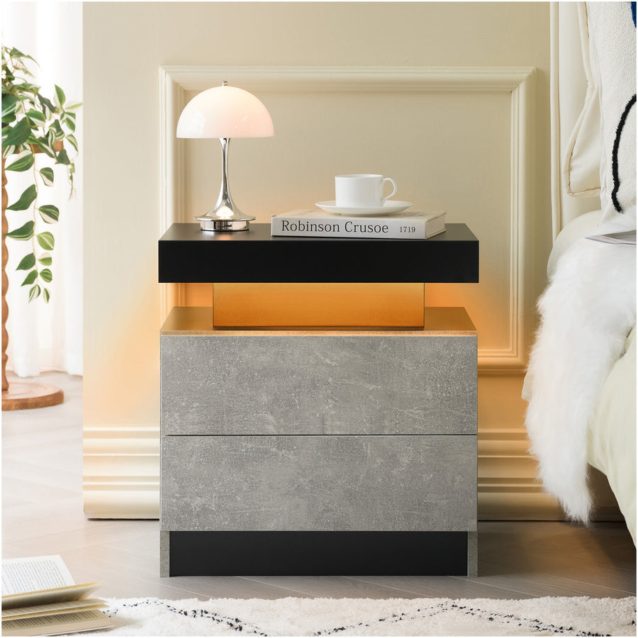 LED 2-Drawer Nightstand - Black+Gray Modern Bedside Table with Cabinet Lights