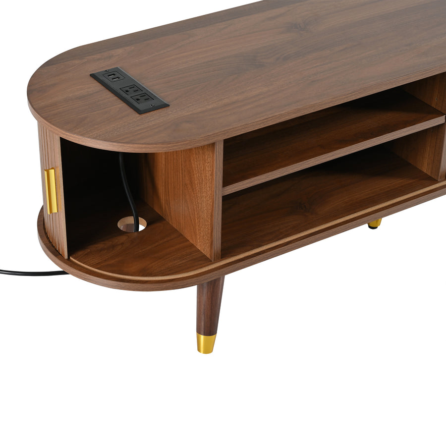 Fluted Oval TV Stand with Charging Station, Walnut, view 13