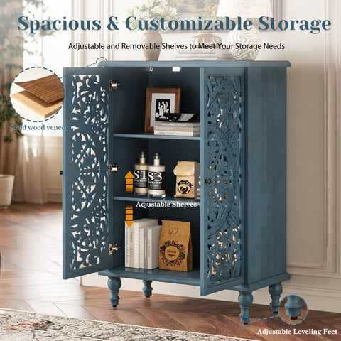 Farmhouse Accent Cabinet with Carved Hollow Doors and Turned Legs, Antique Blue, view 8