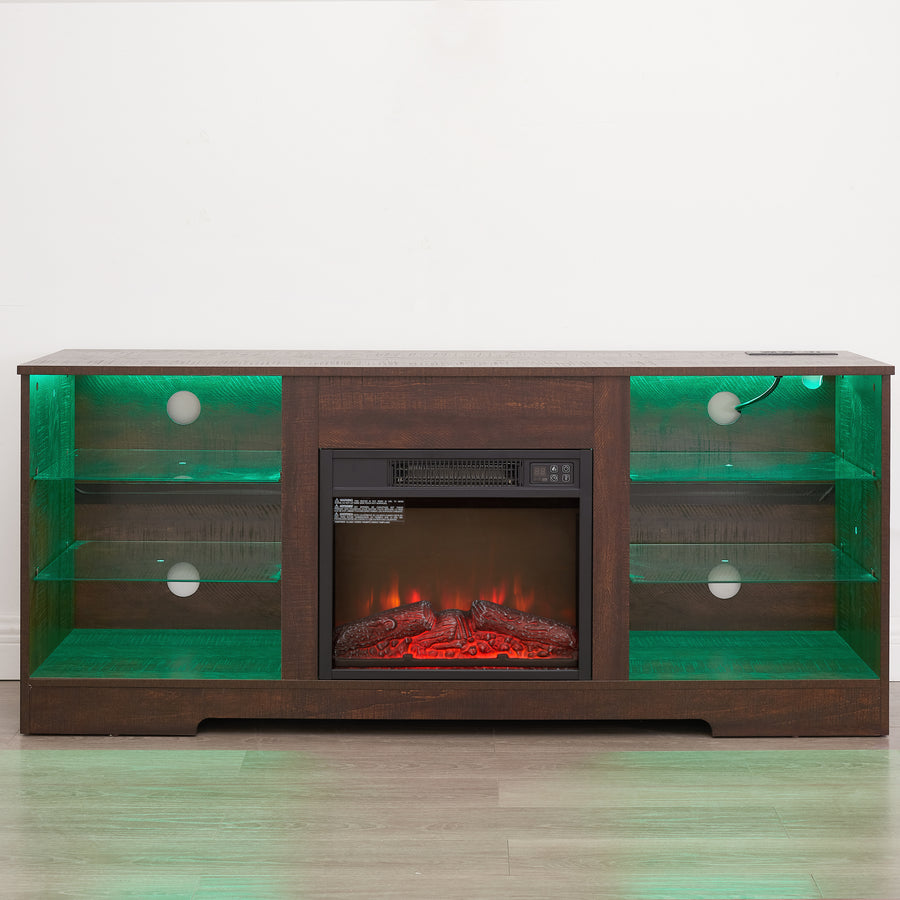 Electric Fireplace TV Stand with LED Lights and Glass Shelves, Espresso, view 19