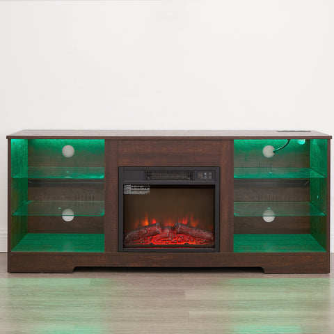 Electric Fireplace TV Stand with LED Lights and Glass Shelves, Espresso, view 19