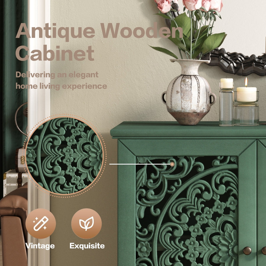 Vintage Accent Cabinet with Carved Floral Doors and Solid Wood Legs, Antique Green, view 4