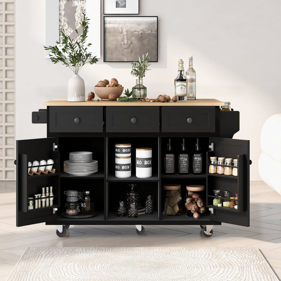 Rolling Kitchen Island Cart with Drop-Leaf Rubberwood Top, Storage Cabinet, 3 Drawers & Internal Racks – Black