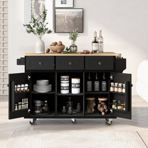 Rolling Kitchen Island Cart with Drop-Leaf Rubberwood Top, Storage Cabinet, 3 Drawers & Internal Racks – Black