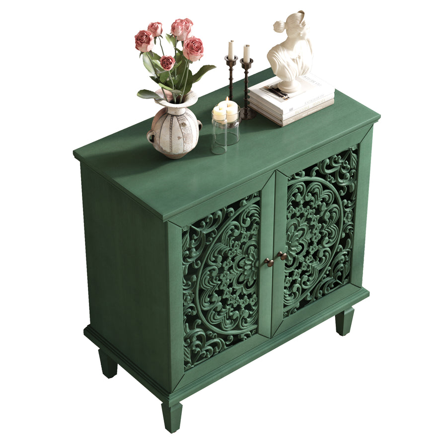 Vintage Accent Cabinet with Carved Floral Doors and Solid Wood Legs, Antique Green, view 13