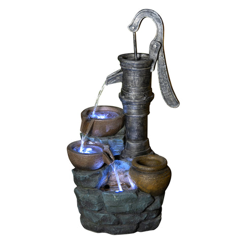 Rustic Hand Pump Cascading Fountain with LED Lights, 32.3 in Gray Resin