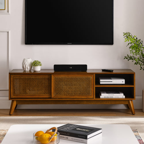 Mid-Century Rattan TV Stand for TVs Up to 65", 59" Media Console with Cane Doors and Solid Wood Legs, Light Wood