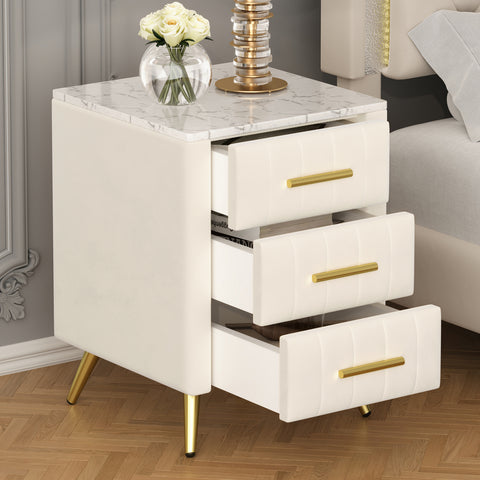 Beige Upholstered Nightstand – 3‑Drawer Wood Bedside with Marble‑Style Top & Metal Legs”