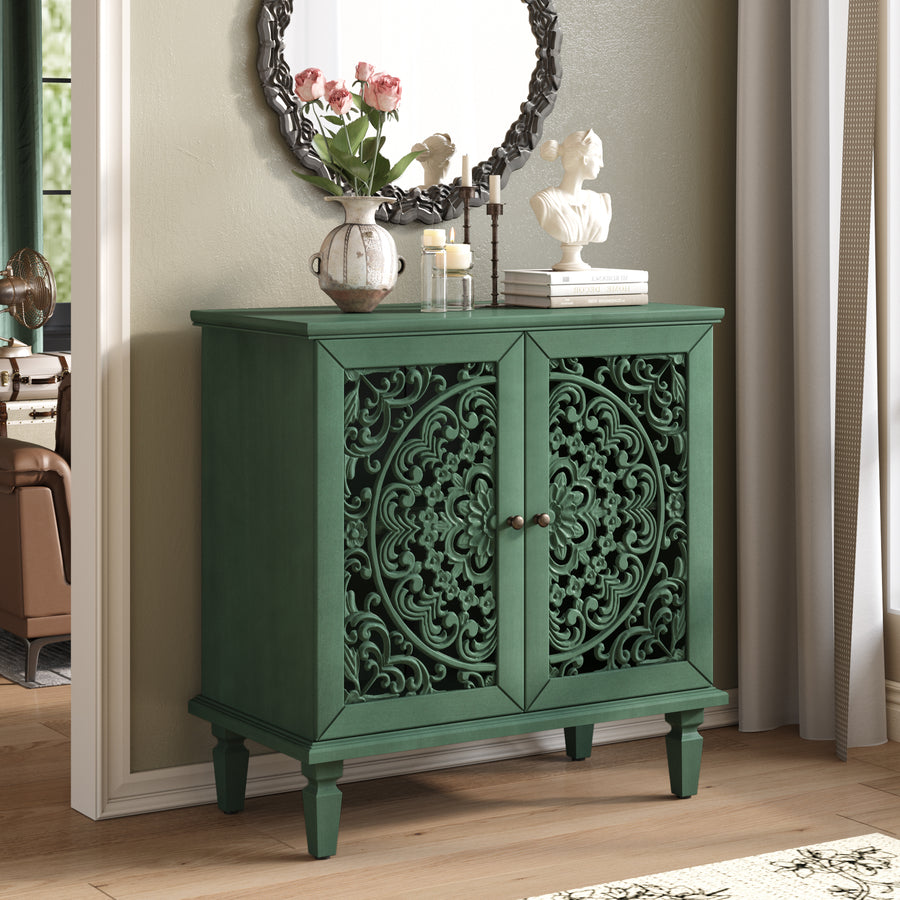 Vintage Accent Cabinet with Carved Floral Doors and Solid Wood Legs, Antique Green, view 2