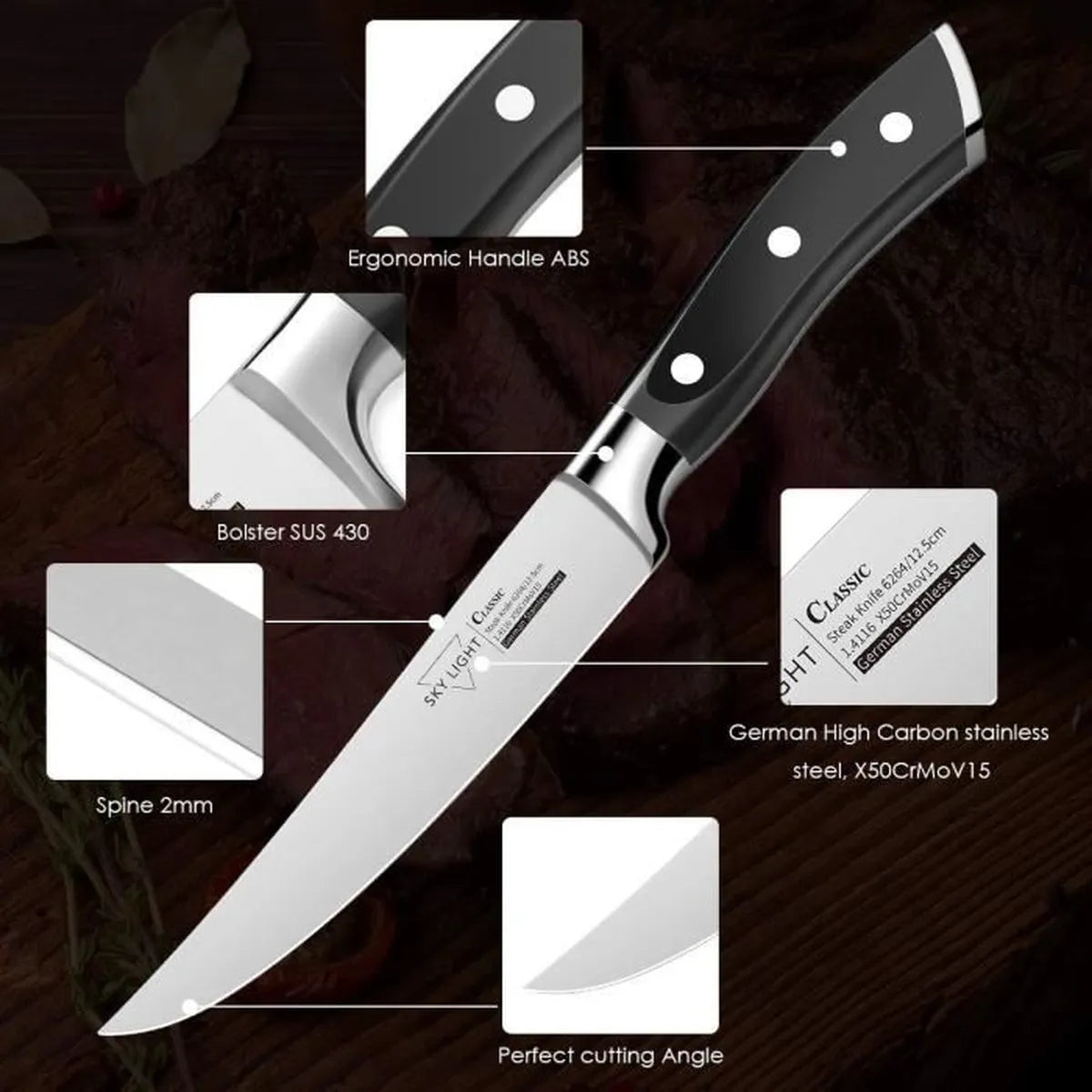 SKY LIGHT Steak Knives Set 12cm Table Knives, Non-Serrated Stainless Steel Blade and Ergonomic Handle for Kitchen 6264