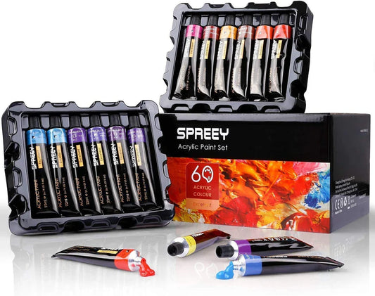 Spreey Acrylic Paint Set of 60 Colors Tubes (22 ml/0.74 oz.) Non toxic & Rich Pigments Acrylic Paint Kits for Beginners, Students & Artist, Art Supplies for Canvas Painting, Wood, Ceramic, Fabric