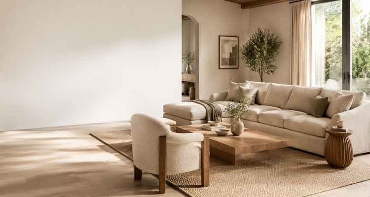 Warm modern living room with neutral sectional sofa, accent chair, and wood coffee table