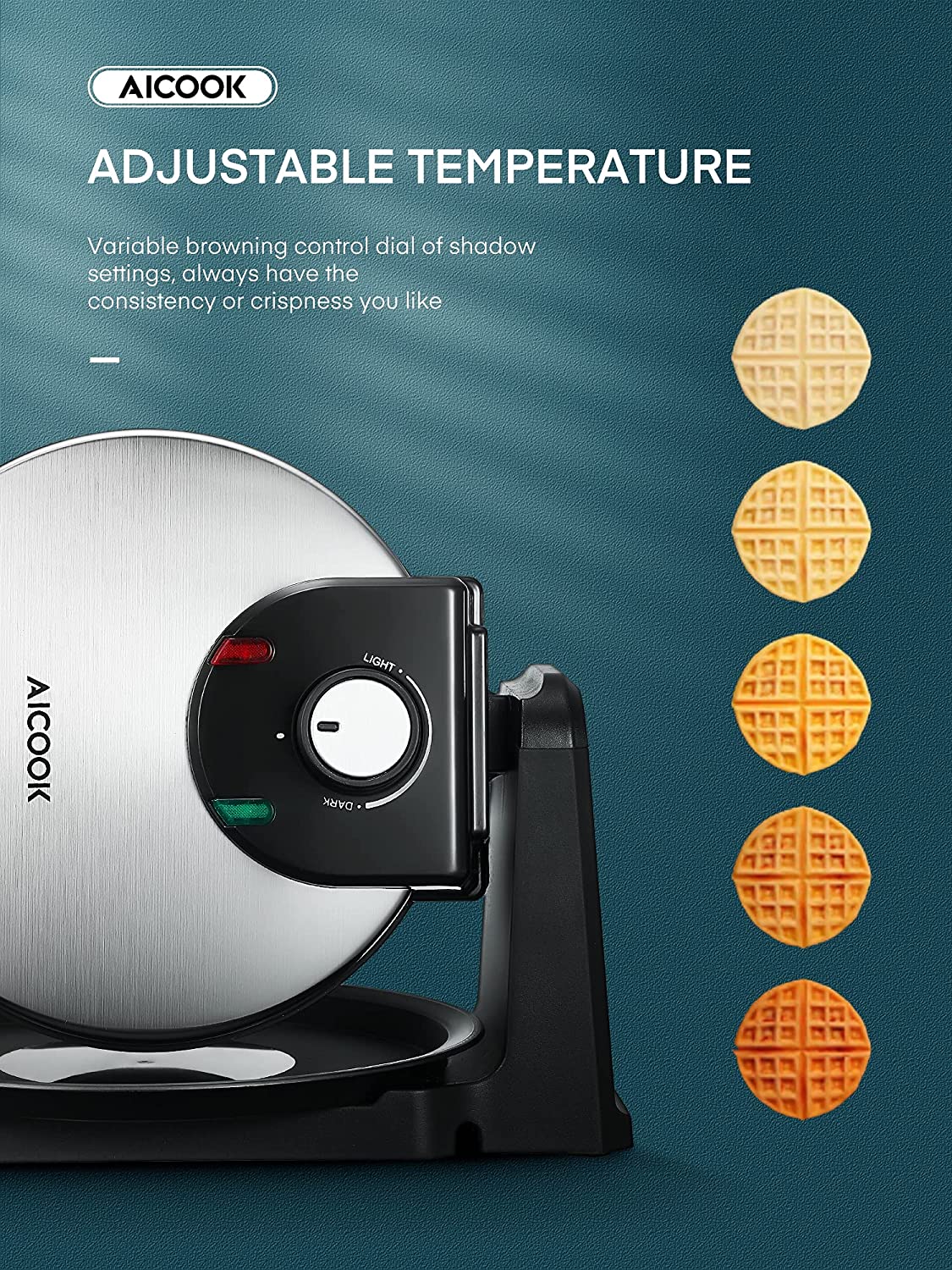 AICOOK Mini Waffles Maker for Individual, 1200W, Adjustable Temperature Dial, Nonstick Plates, Black