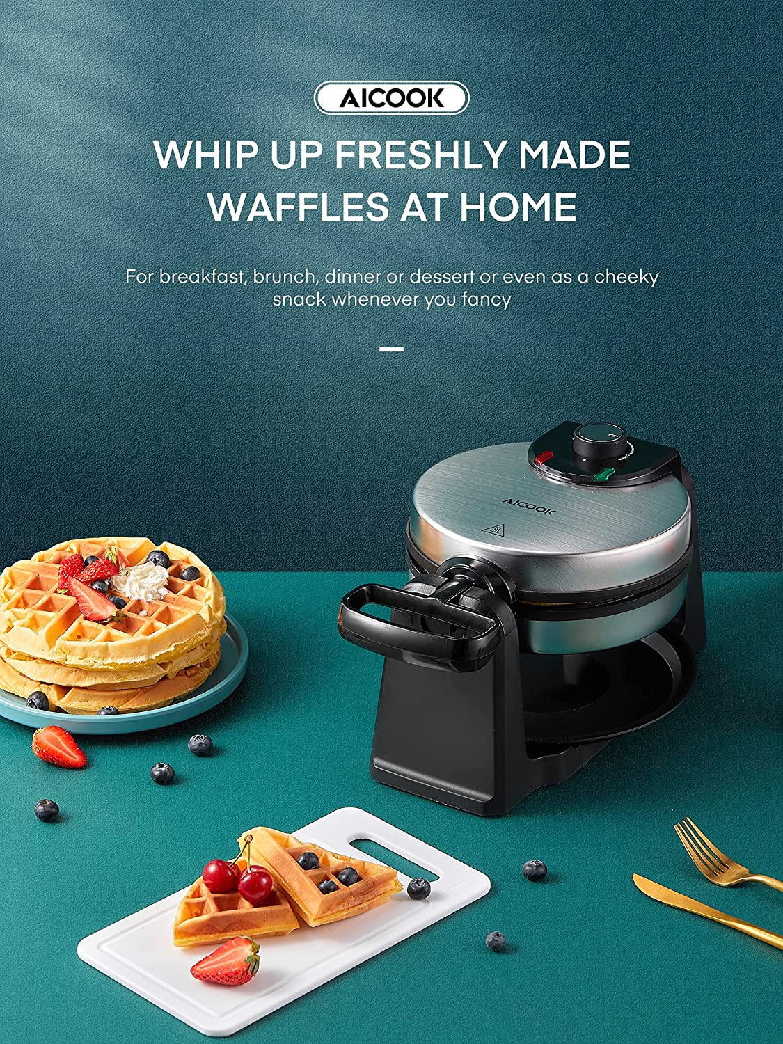 AICOOK Mini Waffles Maker for Individual, 1200W, Adjustable Temperature Dial, Nonstick Plates, Black